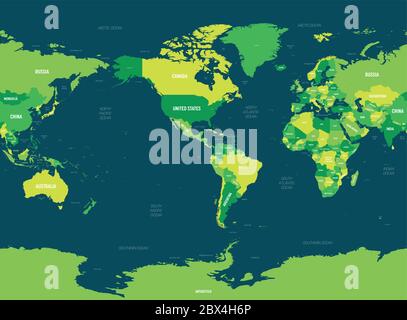 Mappa del mondo - America centrata. Tonalità verde colorata su sfondo scuro. Mappa politica dettagliata del mondo con l'etichettatura dei nomi di paese, capitale, oceano e mare. Illustrazione Vettoriale