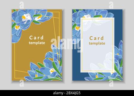 Set di cornice rettangolare con disposizione a mano di fiori di crocus. Modello biglietto di auguri. Vettore Illustrazione Vettoriale