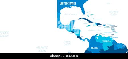 Mappa America Centrale - colore verde su sfondo scuro. Mappa politica dettagliata della regione dell'America centrale e dei Caraibi con l'etichettatura dei nomi di paesi, capitali, oceani e mari. Illustrazione Vettoriale