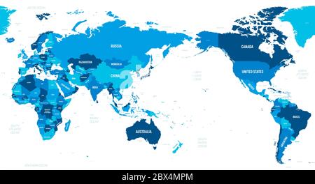 Mappa del mondo - Asia, Australia e Oceano Pacifico centrati. Tonalità verde colorata su sfondo scuro. Mappa politica dettagliata del mondo con l'etichettatura dei nomi di paese, capitale, oceano e mare. Illustrazione Vettoriale