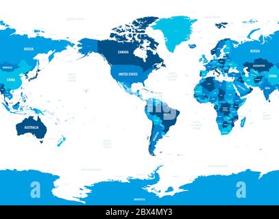 Mappa del mondo - America centrata. Tonalità verde colorata su sfondo scuro. Mappa politica dettagliata del mondo con l'etichettatura dei nomi di paese, capitale, oceano e mare. Illustrazione Vettoriale