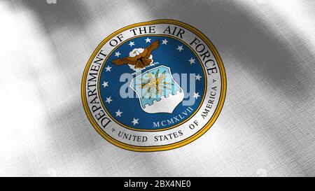 Dipartimento dell'Aeronautica militare degli Stati Uniti d'America su una bandiera a onda. illustrazione 3d texture del tessuto estremamente dettagliata. Sfondo 3d patriottico di c Foto Stock