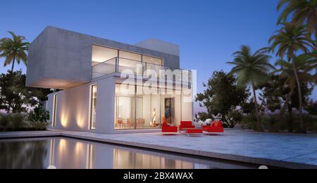 Rendering 3D di una moderna casa cubica con piscina in un giardino tropicale Foto Stock