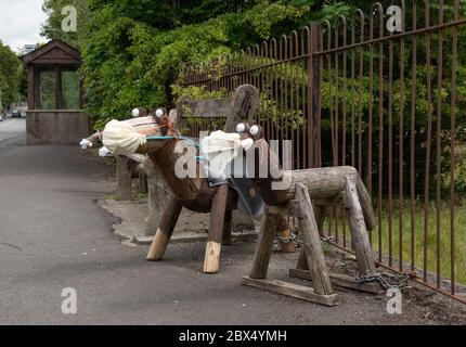 Sedbergh, Cumbria, Regno Unito. 4 Giugno 2020. Cani di legno che indossano i propri DPI sul lato della strada d'ingresso a Sedbergh, Cumbria, che ricorda ai visitatori di stare attenti a Coronavirus. Credit: John Eveson/Alamy Live News Foto Stock