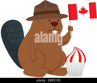 Caster canadese con cappello e bandiera di felice canada giorno vettore disegno Illustrazione Vettoriale
