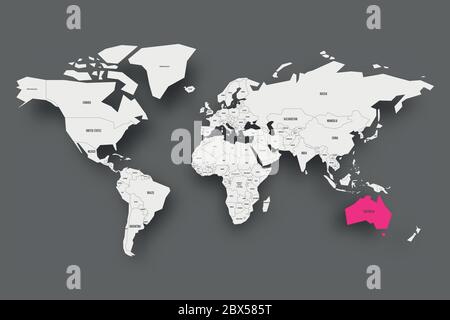 Australia rosa evidenziato nella mappa del mondo. Mappa semplificata grigio chiaro con ombreggiatura su sfondo grigio scuro. Illustrazione vettoriale. Illustrazione Vettoriale