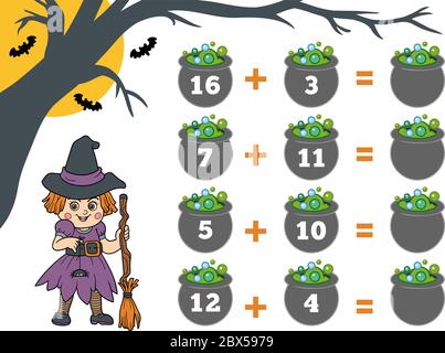 Gioco di conteggio per i bambini di Preschool. Personaggi di Halloween, strega. Educare un gioco matematico. Contare i numeri nell'immagine e scrivere i risultati Illustrazione Vettoriale