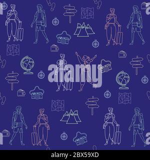 Modello senza cuciture. Turisti di ragazza e ragazzo. Montagne, mappe, fotocamere, globi su sfondo blu. Imballaggio, progettazione e stampa. Illustrazione vettoriale di Illustrazione Vettoriale