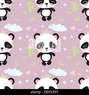 Carino orso panda con corona e bambù senza cuciture motivo sfondo, cartoon vettore illustrazione Illustrazione Vettoriale