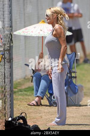 Pamela Anderson seduta sull'erba, mangiando hamburger a Malibu, CA maggio 2008 Foto Stock