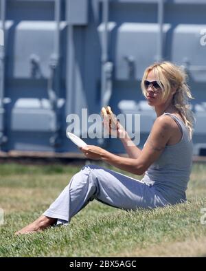 Pamela Anderson seduta sull'erba, mangiando hamburger a Malibu, CA maggio 2008 Foto Stock