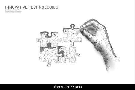 Pezzi di puzzle 3D Uniti insieme. Concetto aziendale di lavoro di squadra. Collaborazione per la soluzione dei problemi di idea creativa. Vettore di gioco di partita strategia poly blue basso Illustrazione Vettoriale