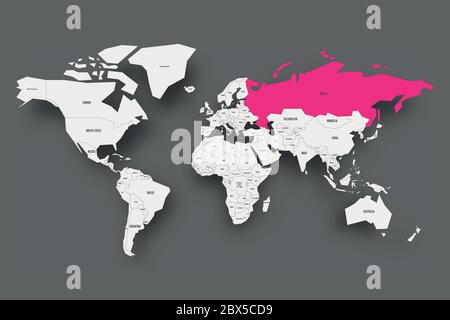 Russia rosa evidenziato nella mappa del mondo. Mappa semplificata grigio chiaro con ombreggiatura su sfondo grigio scuro. Illustrazione vettoriale. Illustrazione Vettoriale