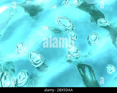 bolle d'acqua in liquido azzurro. Illustrazione CG. Foto Stock