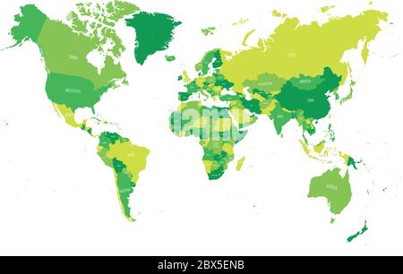 Mappa del mondo in quattro tonalità di verde su sfondo bianco. Mappa politica dettagliata con nomi di paesi. Illustrazione vettoriale. Illustrazione Vettoriale