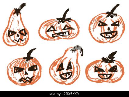 Halloween. Un set di zucche natalizie. Illustrazione vettoriale. Raccolta di volti divertenti. Vacanze autunnali Illustrazione Vettoriale