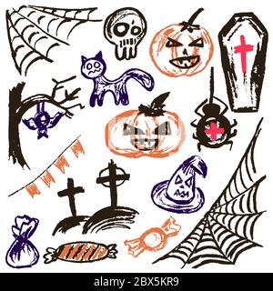 Halloween. Un insieme di oggetti divertenti. Illustrazione vettoriale. Collezione di elementi natalizi. Vacanze autunnali. Zucca, ciottoli, cranio, bara, albero, pipistrello, ce Illustrazione Vettoriale