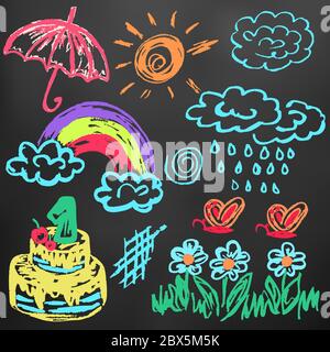 Disegno carino dei bambini. Pastelli di cera colorati su sfondo nero. Icone, segni, simboli, perni. Luna, nuvole pioggia arcobaleno Illustrazione Vettoriale