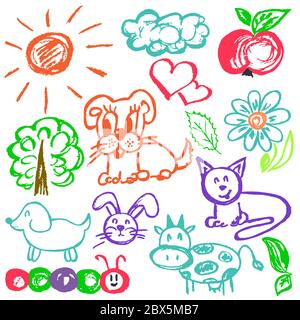 Disegno carino dei bambini. Pastelli di cera colorati. Icone, segni, simboli, perni. Animali fiori nubi mela caterpillar Illustrazione Vettoriale