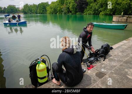 Il 04/06/2020, Lione, Auvergne-Rhône-Alpes, Francia. L'associazione con sede a Lione, Odysseus 3.1, condurrà un'esplorazione di due giorni del lago del Gol Foto Stock