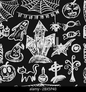 Halloween. Ripetizione senza giunture. Collezione di elementi natalizi. Vacanze autunnali. Zucca, ciottoli, bandiere, candela, ghost sinistro castello albero di pozione occhi ca Illustrazione Vettoriale