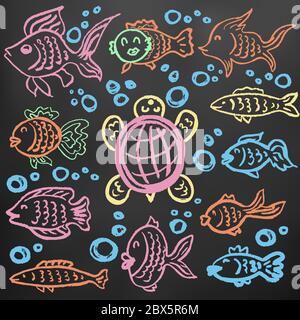 Disegno carino dei bambini. Pastelli di cera colorati su sfondo nero. Icone, segni, simboli, perni. Mondo sottomarino. Tartaruga di pesce Illustrazione Vettoriale