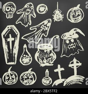Halloween. Un insieme di oggetti divertenti. Gesso bianco su una lavagna. Collezione di elementi natalizi. Vacanze autunnali. Fantasmi, zucche, occhi, bara, pozio Illustrazione Vettoriale