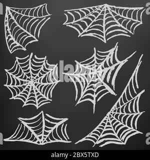 Halloween. Impostare cobwebs. Gesso bianco su una lavagna. Collezione di elementi natalizi. Vacanze autunnali. Divertimento Illustrazione Vettoriale