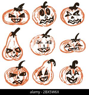 Halloween. Un set di zucche natalizie. Illustrazione vettoriale. Una raccolta di volti divertenti. Vacanze autunnali. Divertimento, bambini Illustrazione Vettoriale