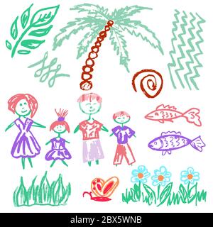 Disegno carino dei bambini. Pastelli di cera colorati. Icone, segni, simboli, perni. Vacanza in famiglia. Palma famiglia pesce fiori farfalla Illustrazione Vettoriale