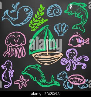 Disegno carino dei bambini. Pastelli di cera colorati su sfondo nero. Icone, segni, simboli, perni. Elementi marini. Pesce di gelatiname Illustrazione Vettoriale