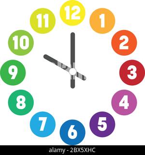 Quadrante colorato dell'orologio. Quadrante con numeri in cerchi colorati. Semplice illustrazione vettoriale piatta. Illustrazione Vettoriale