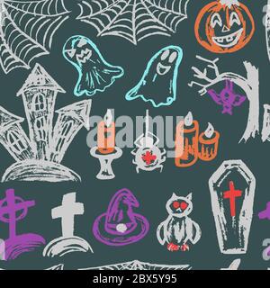 Halloween. Un insieme di oggetti divertenti. Ripetizione senza giunture. Collezione di elementi natalizi. Vacanze autunnali. Zucca, ragnatela, fantasmi, castello sinistro, ca Illustrazione Vettoriale