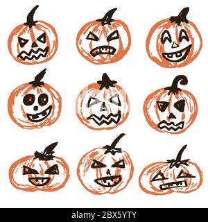 Halloween. Un set di zucche natalizie. Illustrazione vettoriale. Una raccolta di volti divertenti. Vacanze autunnali. Divertimento Illustrazione Vettoriale