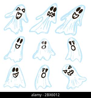 Halloween. Set di fantasmi. Illustrazione vettoriale. Una raccolta di volti divertenti. Vacanze autunnali. Divertimento, tradizioni per bambini Illustrazione Vettoriale
