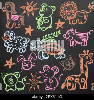 Disegno carino dei bambini. Pastelli di cera colorati su sfondo nero. Icone, segni, simboli, perni. Zoo. Leone, maiale, giraffe pony tartaruga di topo Illustrazione Vettoriale