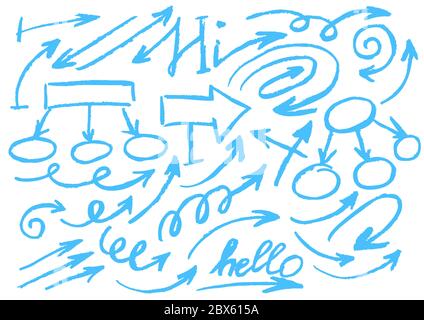 Disegno carino dei bambini. Pastelli di cera colorati. Icone, segni, simboli, perni. Elementi per la progettazione. Frecce Doodle ricci Illustrazione Vettoriale