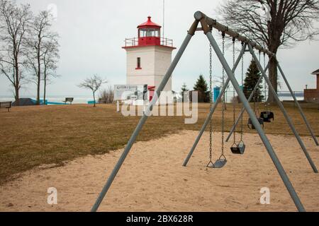 Foto panoramica del faro di Goderich Ontario Canada. Goderich è popolare per il turismo. Preso in 2020 Foto Stock