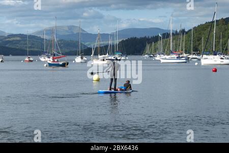 Paddle boarding al Fell Foot Park a Windermere nel Lake District National Park Foto Stock