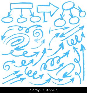 Disegno carino dei bambini. Pastelli di cera colorati. Icone. Elementi per la progettazione. Frecce, ricci a doodle Illustrazione Vettoriale