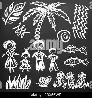 Disegno carino dei bambini. Gesso bianco su una lavagna nera. Icone, segni, simboli, perni. Vacanza in famiglia. Palma, fiori di pesce di famiglia Illustrazione Vettoriale