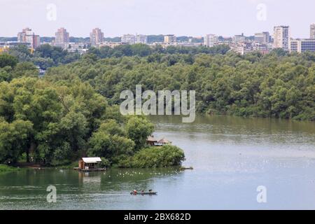 Isola della Grande Guerra a Belgrado, Serbia, vista dal Memoriale dei difensori di Belgrado 1915, sul lato opposto sul fiume Danubio. L'isola si trova presso il co Foto Stock