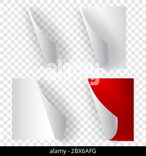Serie di angoli di carta arricciati realistici in bianco e rosso con ombre Illustrazione Vettoriale