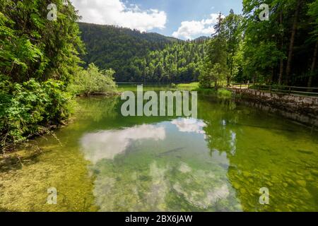 Vista panoramica del leggendario lago Toplitz, della regione di Ausseer Land, della Stiria, dell'Austria Foto Stock