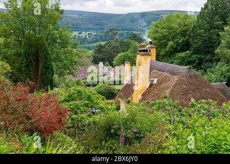 Vista che si affaccia sui tetti di paglia di cottage nel villaggio di Selworthy verso le colline del Parco Nazionale Exmoor a Somerset, Inghilterra Foto Stock