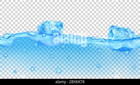 Cubetti di ghiaccio blu chiaro traslucidi e molte bolle d'aria galleggianti in acqua su sfondo trasparente. Trasparenza solo in formato vettoriale Illustrazione Vettoriale