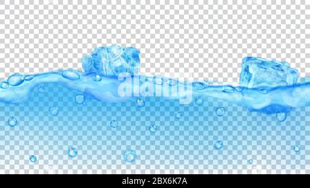 Cubetti di ghiaccio blu chiaro traslucidi e molte bolle d'aria galleggianti in acqua su sfondo trasparente. Trasparenza solo in formato vettoriale Illustrazione Vettoriale
