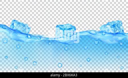 Cubetti di ghiaccio blu chiaro traslucidi e molte bolle d'aria galleggianti in acqua su sfondo trasparente. Trasparenza solo in formato vettoriale Illustrazione Vettoriale