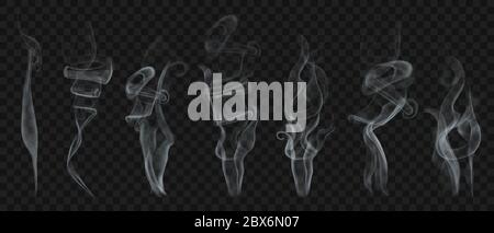 Set di fumo trasparente realistico o vapore in bianco e grigio, per l'uso su sfondo scuro. Trasparenza solo in formato vettoriale Illustrazione Vettoriale
