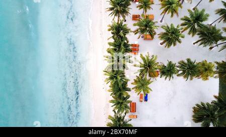Vista aerea sulla spiaggia da sogno con sabbia bianca e acqua blu trasparente accanto al resort dell'hotel a Bohol Island, Filippine. Foto Stock
